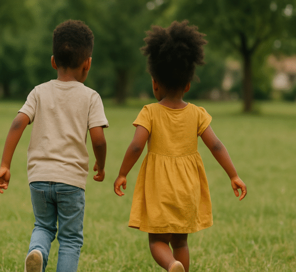 Zwei Kinder laufen über eine Wiese